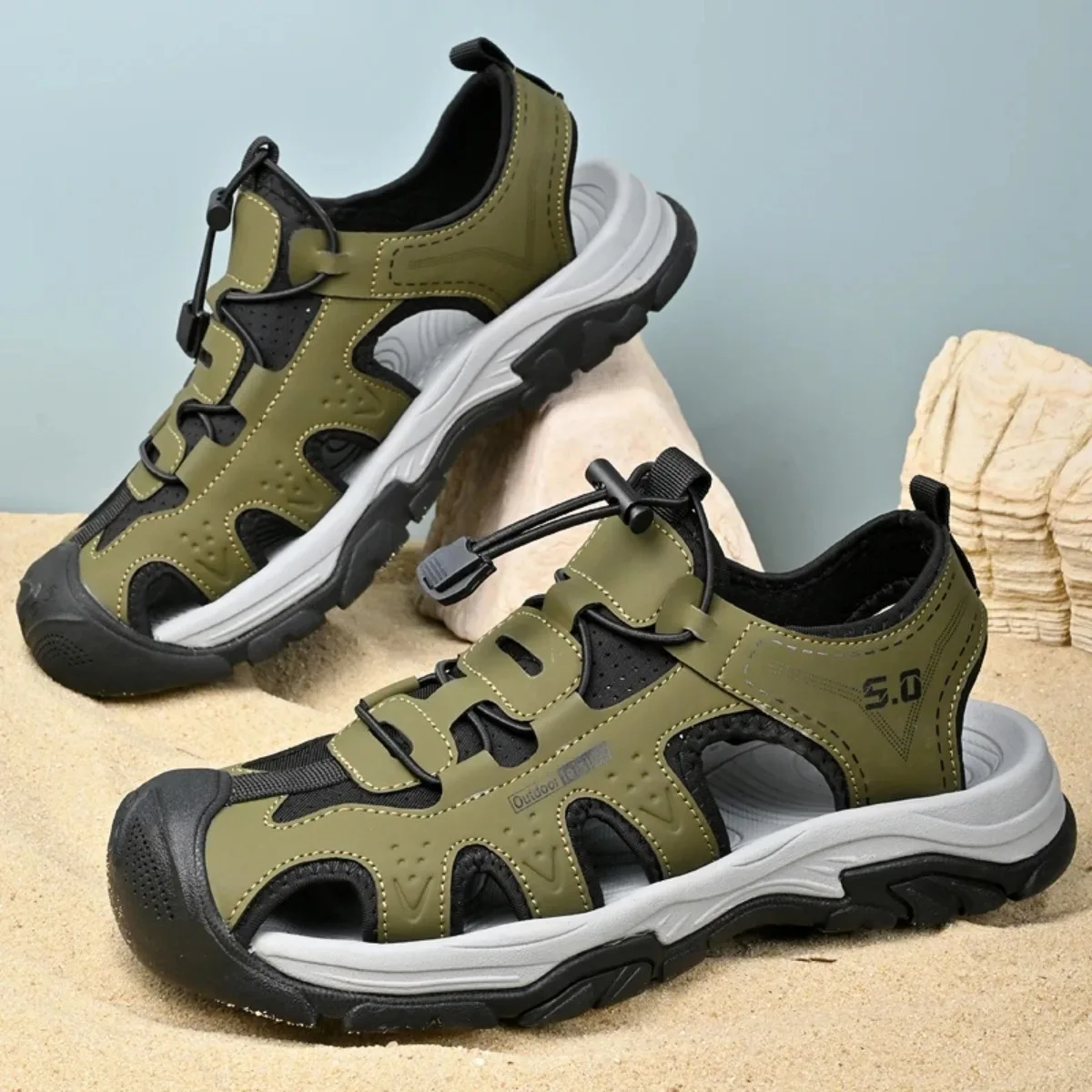 

Мужские нескользящие пляжные сандалии для активного отдыха, сандалии из натуральной кожи с закрытым носком на быстрой шнуровке, удобные походные сандалии