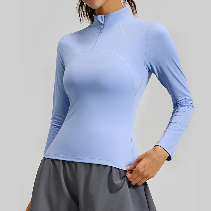 2026 Spring and Summer Hot Women's Yoga Clothes Top Slim Sports T-shirt Long Sleeve Blue Round Neck Base Shirt Back Hollow Out