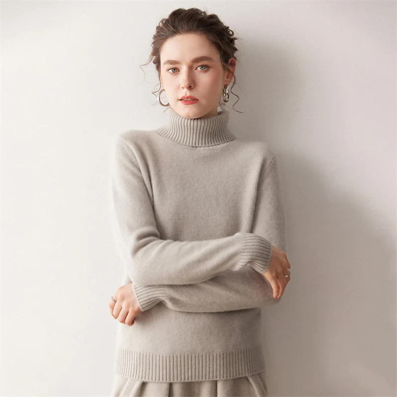 المرأة الماعز سترة الكشمير المعنقة عالية الياقة طويلة الأكمام البلوز الخريف الشتاء لينة الدافئة عادية الكشمير تريكو بلوزات سميكة #3