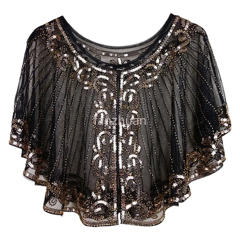 

New Woman Vintage 1920s Black Mesh Gold Sequin Beaded Unique Flapper Capelet Sequin Beaded Evening Cape Bolero Flapper Cover Up