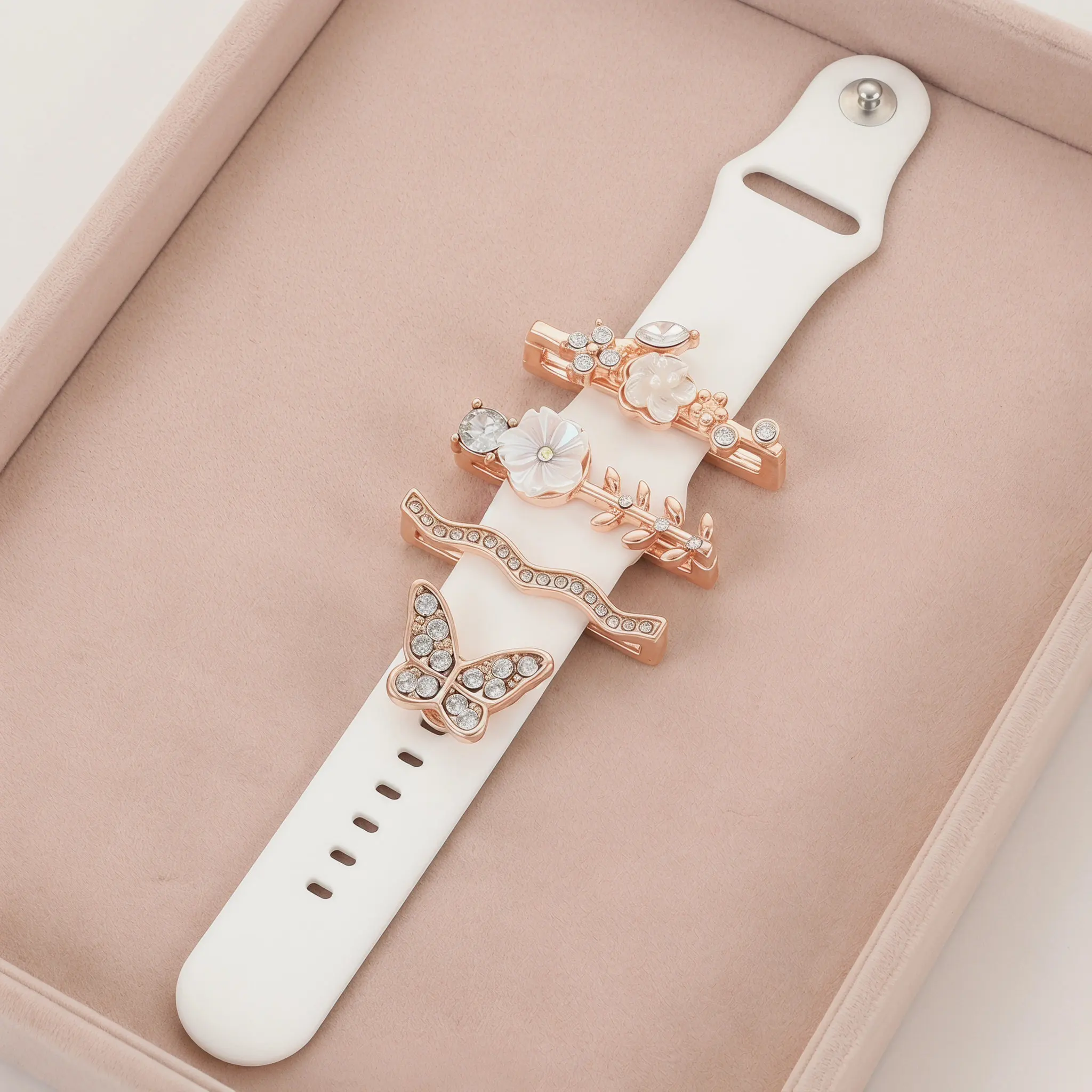 4Pcs Watch Strap Charms Set Delicate Color Rhinestone Watchband Ring Loops for Smartwatch Bands on Stylish