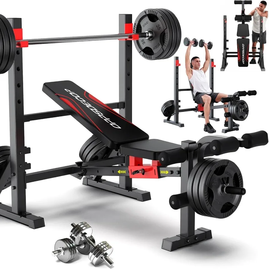 ASTM-Certified 900LBS Weight Bench Set with Squat Rack and Leg Extension, Preacher Curl Workout Bench and Bench Press Set for H