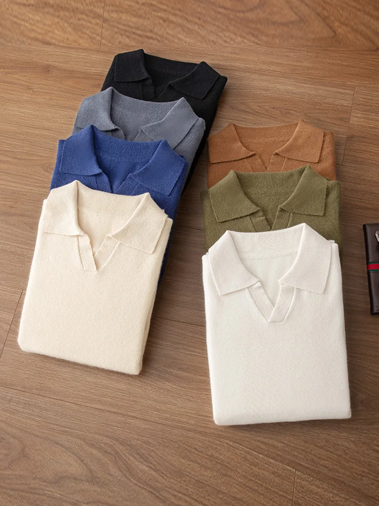 High Quality Men Wool Sweater Polo Collar Pullover Smart Casual Autumn Winter Simple 100% Pure Wool Knitted Soft Clothing Top