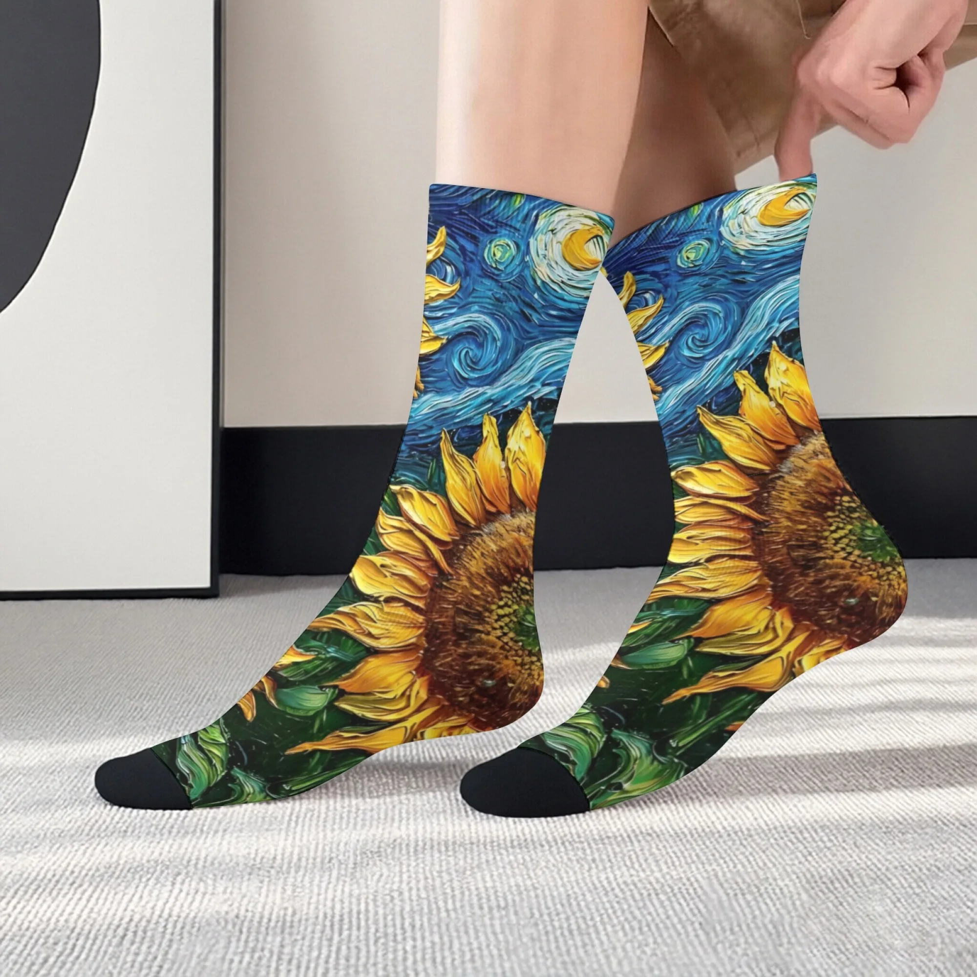 Artistic and Retro Van Gogh-style Patchwork Men's Mid-calf Socks Asymmetrical Oil Painting Style Sunflower Starry Night Socks