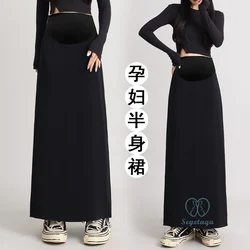 Back Splits Black Maternity Full Maxi Long Skirts 2024 Spring Casual Pencil Bottoms for Pregnant Women Elastic Waist Pregnancy