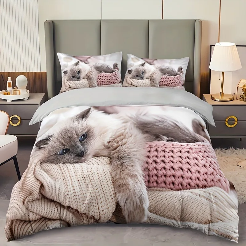 Cat Digital Printed Duvet Cover Set 3Pcs All Season Bedding Set Pillowcases Soft Bed Cover for Kids Adults Modern Bed Linen Set