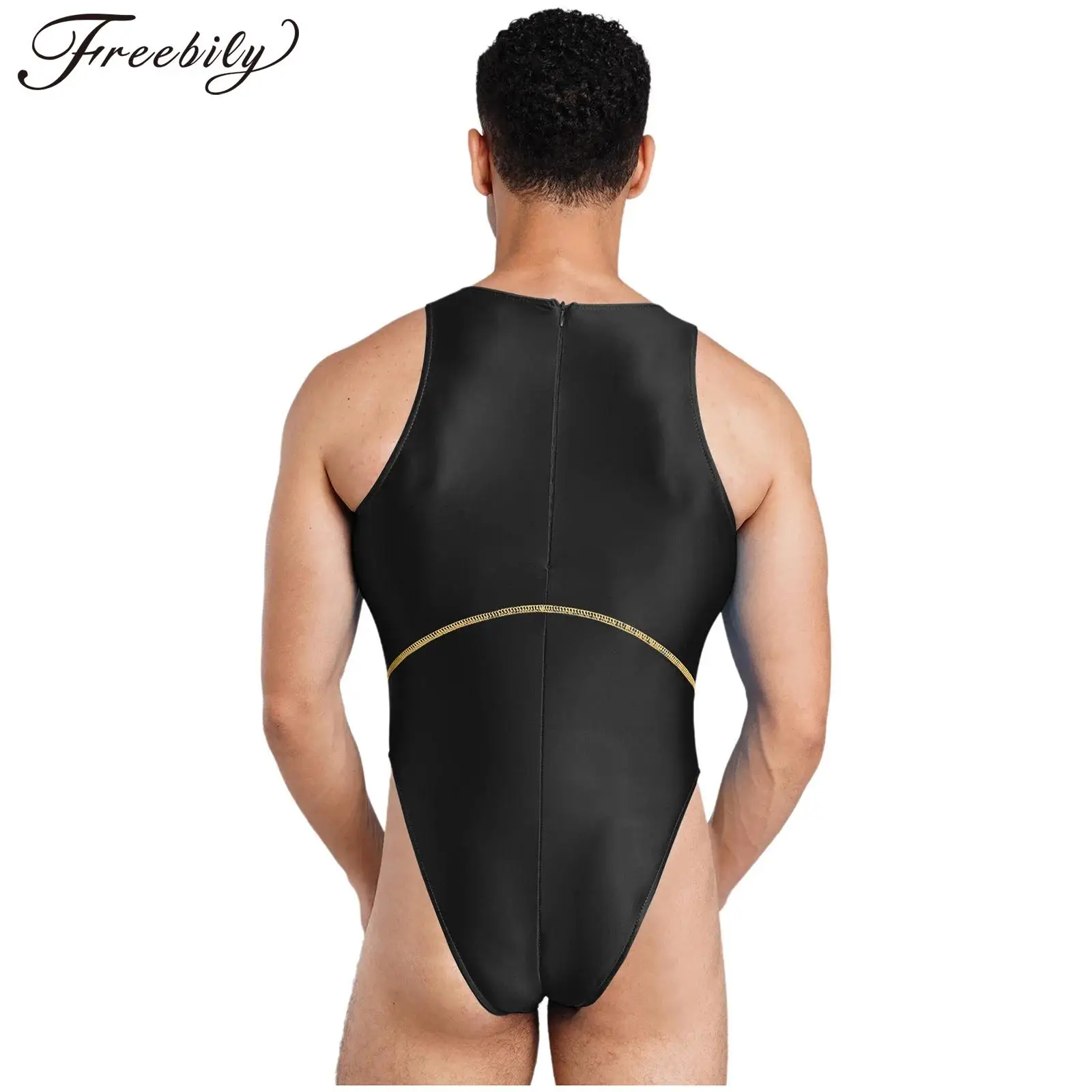 Men One Piece Oil-shiny Bathing Suit Sleeveless Color Block Seams High Cutting Bodysuit Swimwear Beach Sunbathing Leotard