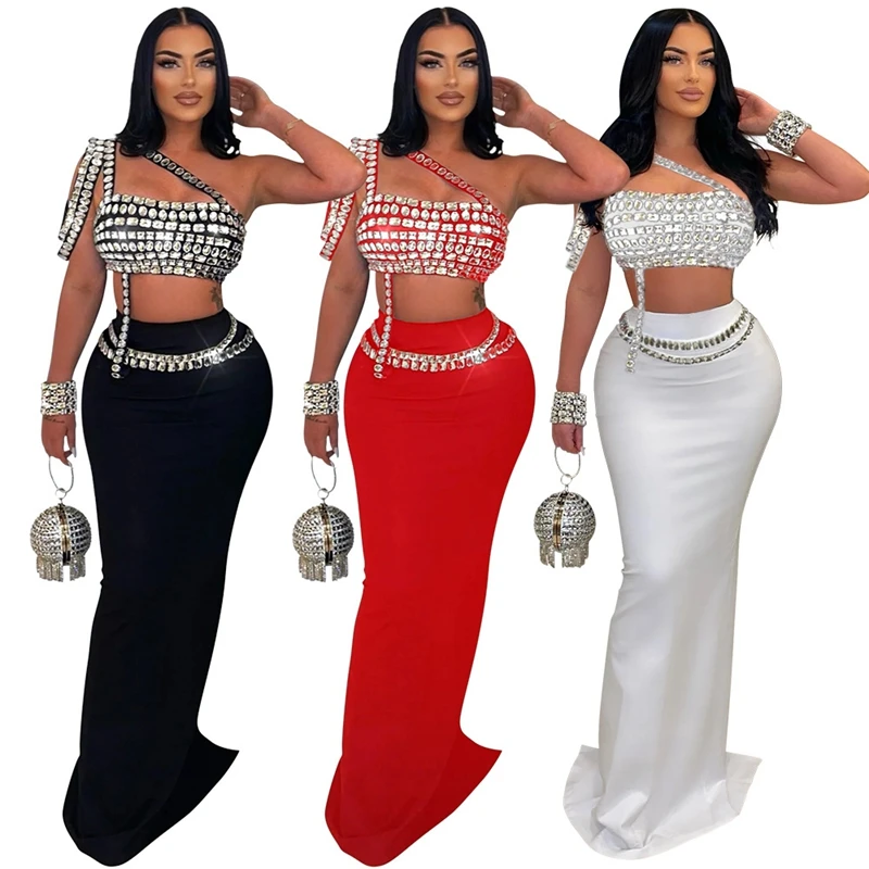 

Rhinestone Women's Two Piece Dress Set Summer Spaghetti Strap Crop Top And Skinny Bodycon Maxi Skirt Sexy Evening Party Dresses