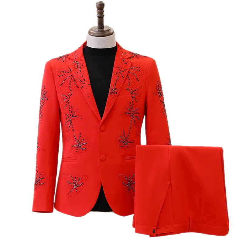 Men's Red Shining Rhinestones Suit Bar Concert Performance Shiny Blazer Pants Set Male Banquet Guest Host Stage Crystals Suits