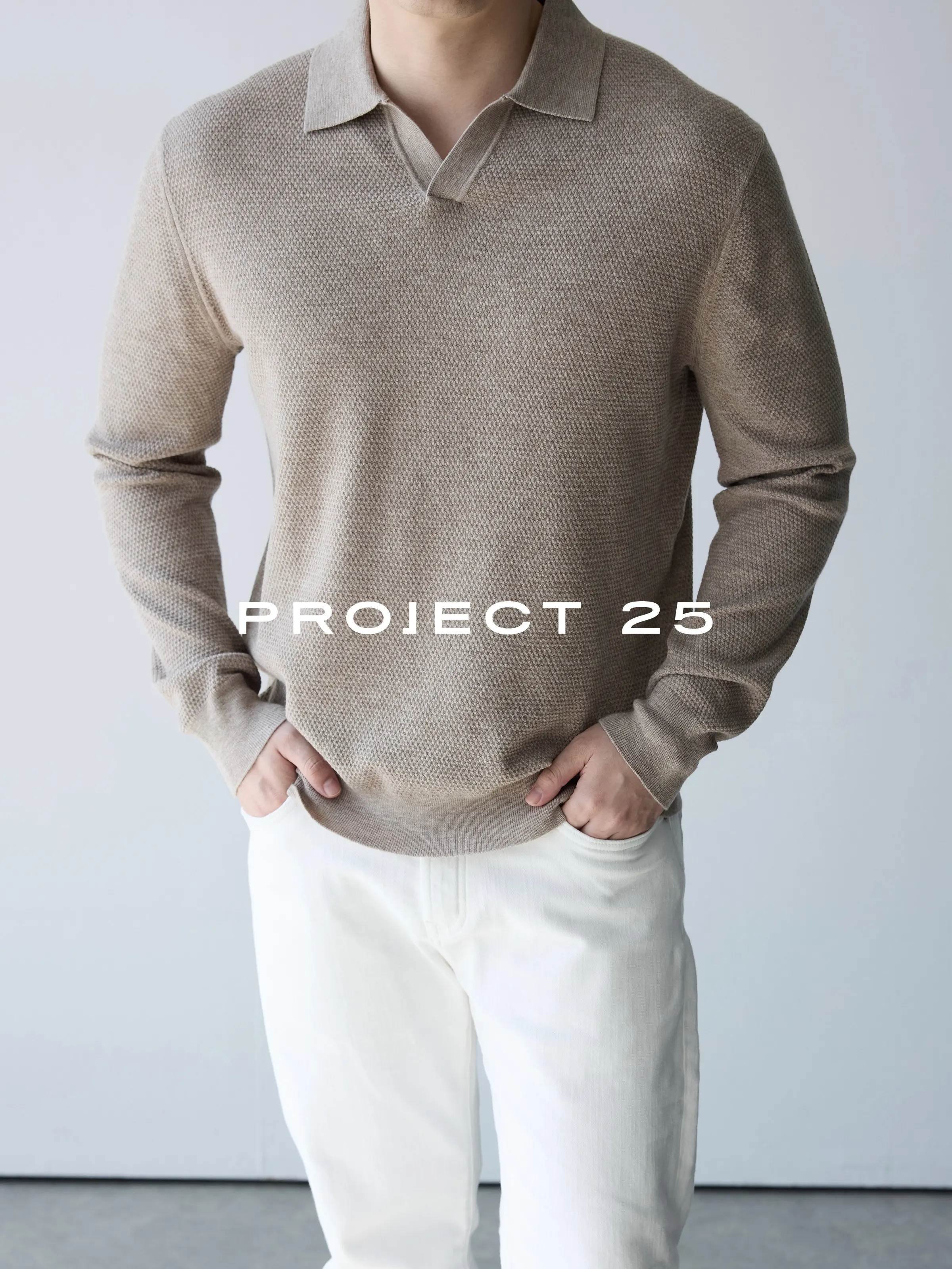 PROJECT 25 Men's Merino Wool Blend V-Neck Knit Polo – Premium Pineapple Stitch Texture, Quiet Luxury Business Essential