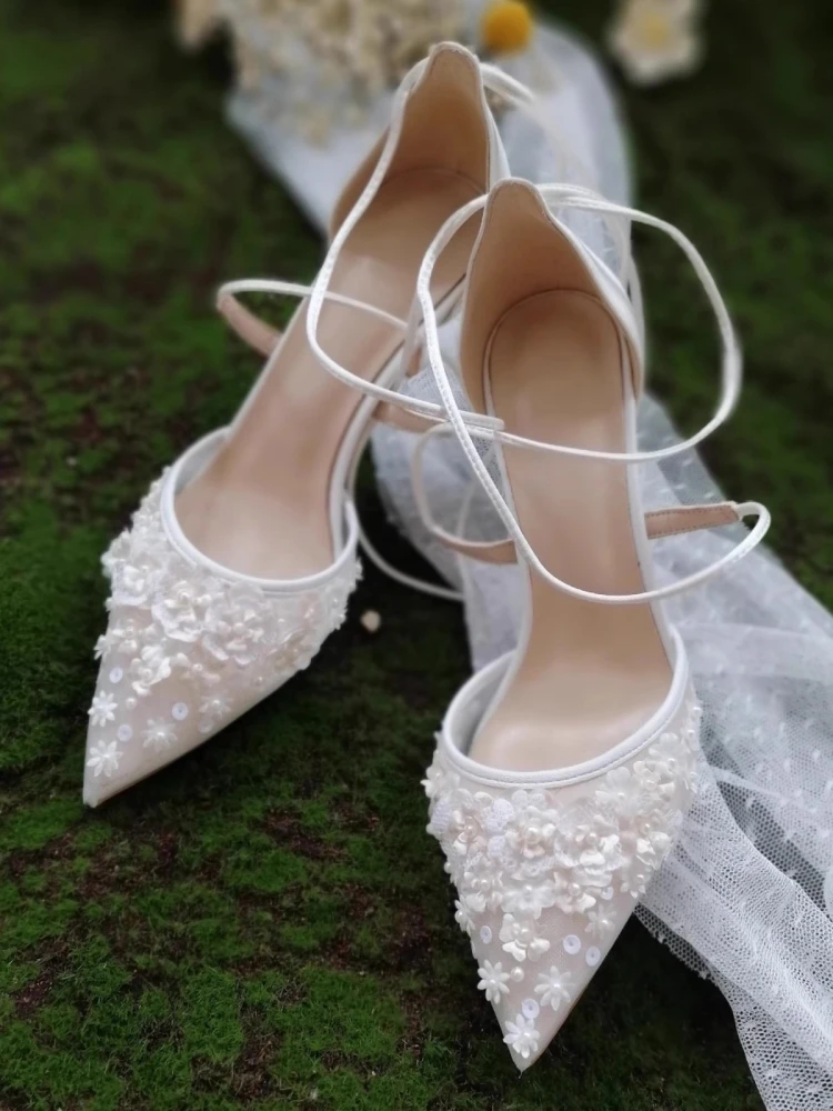 Summer new pointed hollow mesh rhinestone pearl strap wedding shoes thin high-heeled banquet dress small size women's sandals