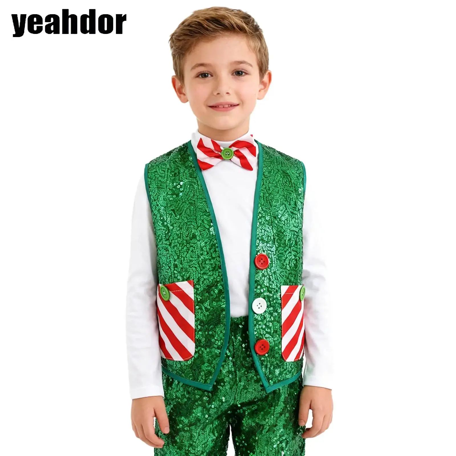 

Boys Christmas Sequin Santa Elf Vest Xmas Striped Waistcoat Jacket with Bowtie Latin Jazz Disco Dance Costume New Year Dress Up