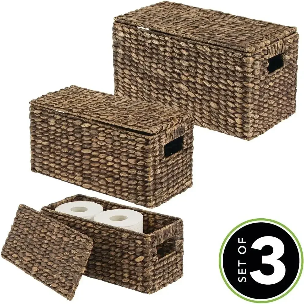 

Woven Water Hyacinth Rectangle Storage Organizer Basket Bin with Topper Lid and Handles Natural Farmhouse Holder Containers
