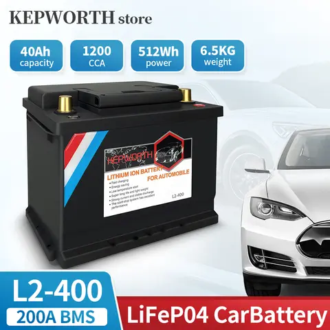 L2-400 12V LiFePO4 Car Starting Battery 12V 40Ah 1200CCA Deep Cycle Life with 200A BMS for Car Automotive Replacement Batteries