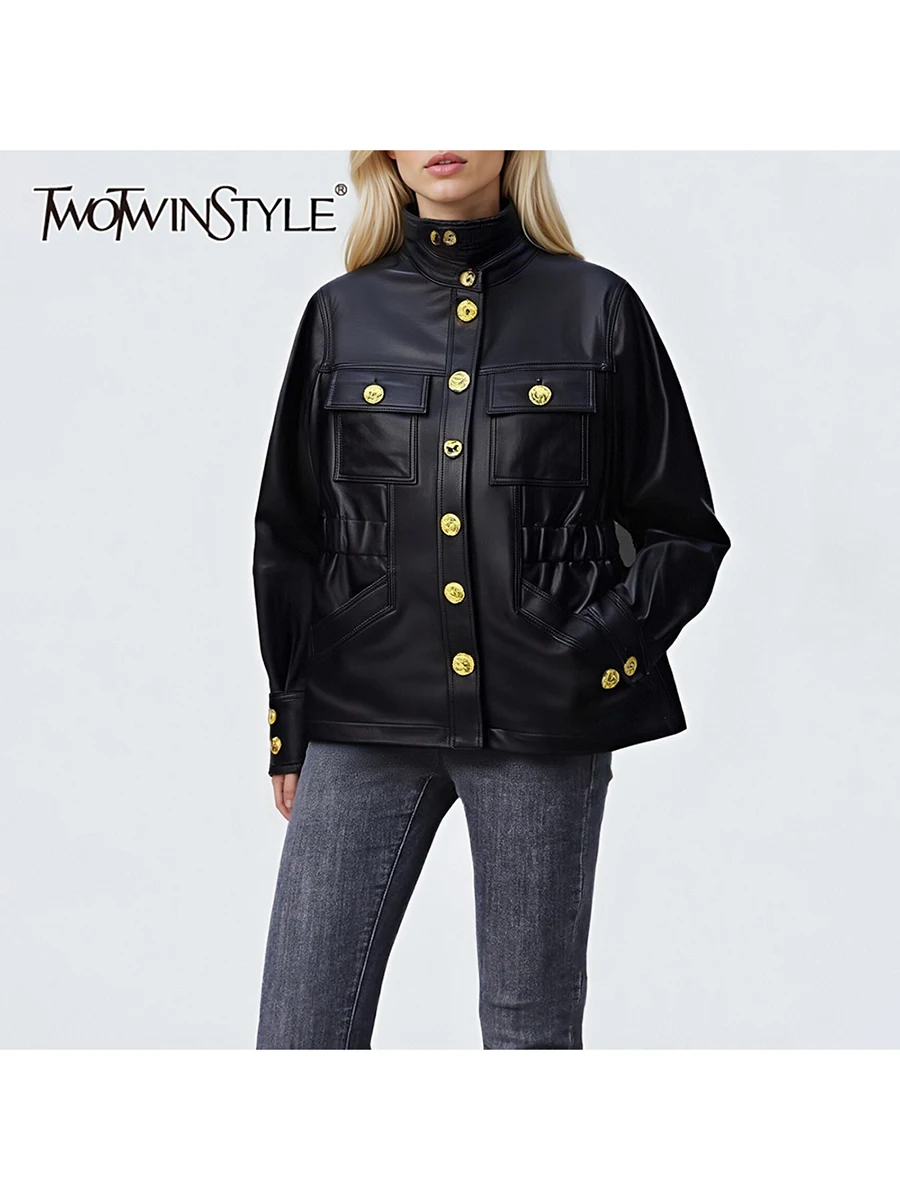 

TWOTWINSTYLE однотонные модные куртки на пуговицах для женщин, куртка со стойкой и длинными рукавами, лоскутная куртка с карманами, женская одежда, новинка