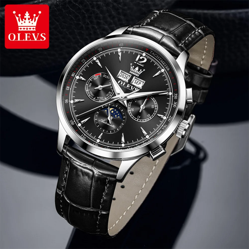 OLEVS 7128 Classic Mechanical Movement Watch For Men Leather Strap 24hour Moon Phase Calendar Window Luminous Waterproof Watch