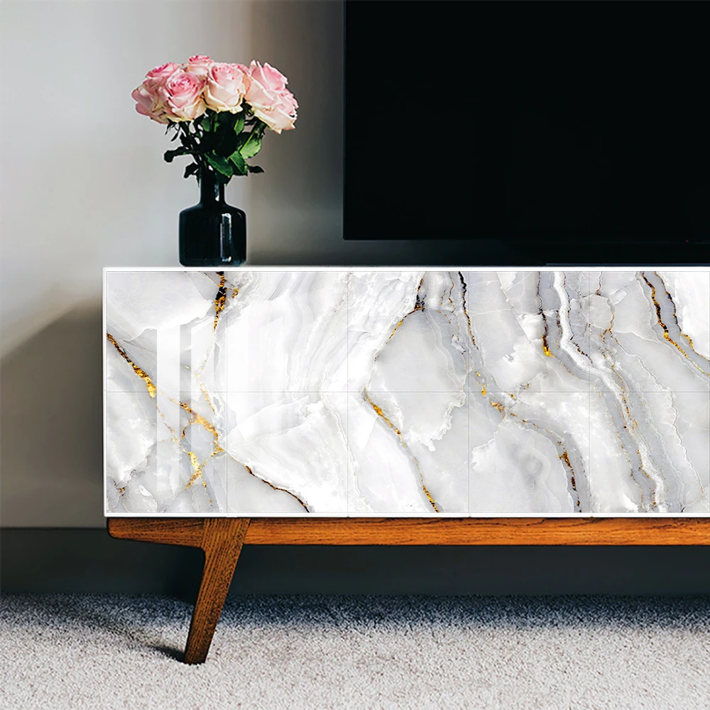 10pcs Gray Gold White Marble Tiles Sticker Kitchen Wardrobe Bathroom Home Decor Self-adhesive Crystal Hard Film Art  Wall Decals