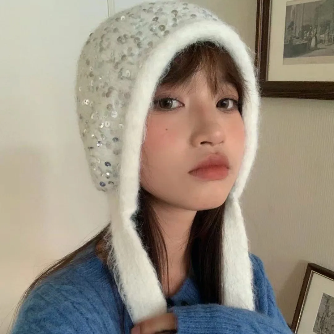 Korean Designer Sequined Headgear Women's Autumn Winter Cute Ear Protectors Lace Up Show The Face Small Wool Knitted Bomber Hat