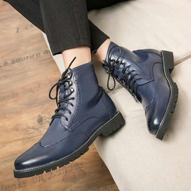 Formal Men Boots British Style Brogue Boots Man Mid Calf Dress Patent Leather Boots Plus Size 38-48 Bota Masculina