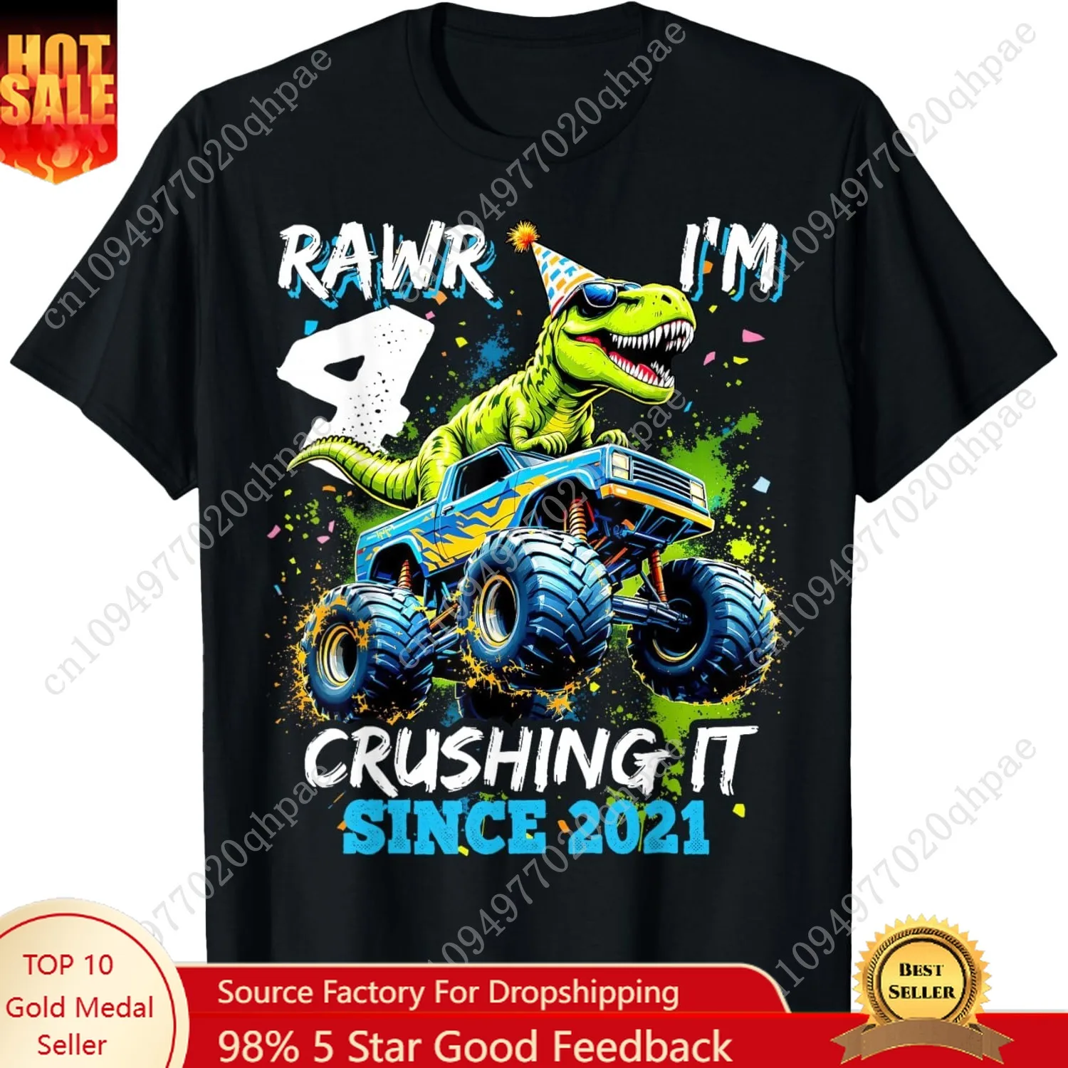 4th Birthday Monster Truck Dinosaur Party Boys Rawr I'm 4 T-Shirt