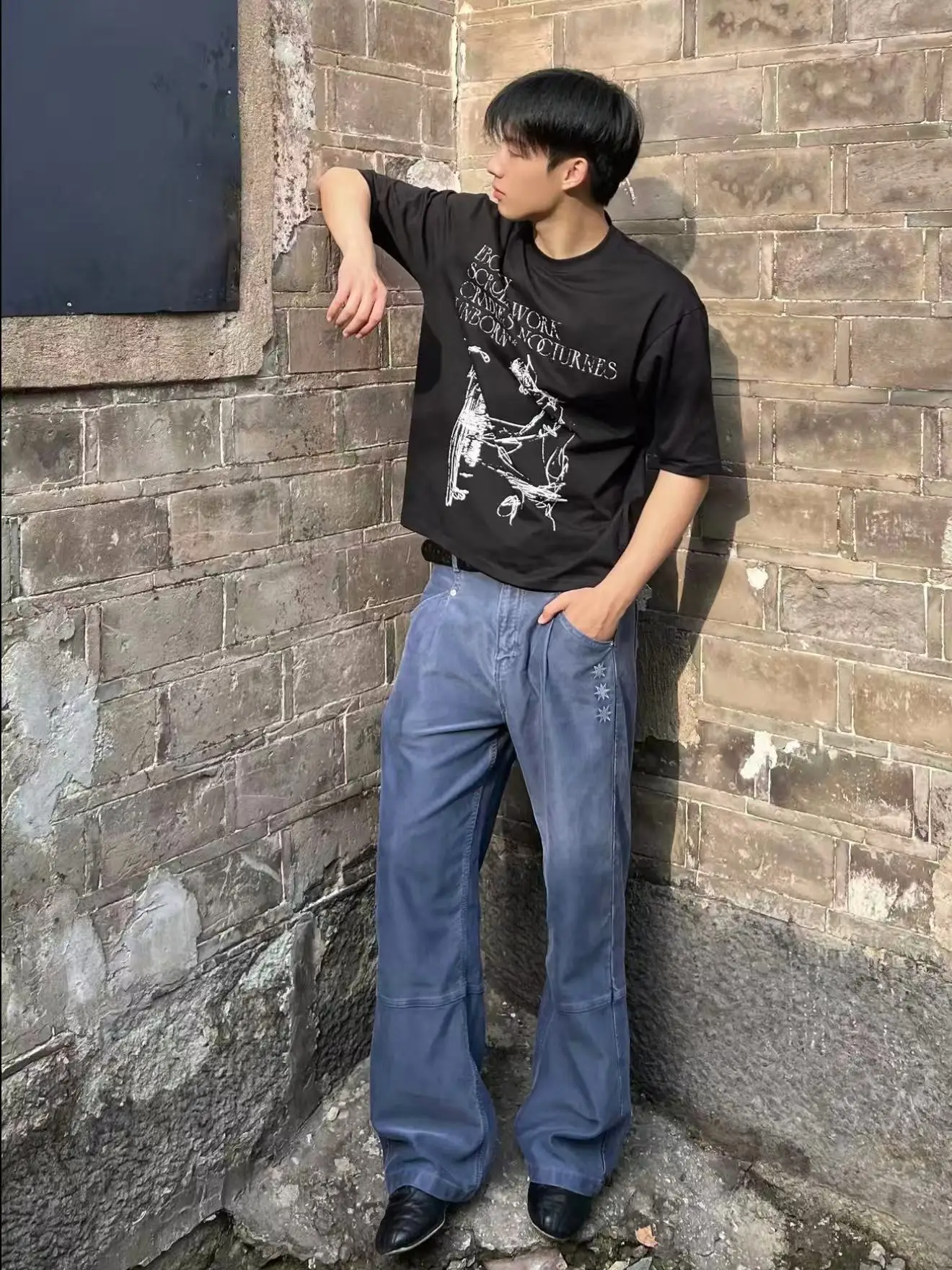 Retro American Washed Embroidery A-Line Wide Leg French Work Pants Men's Pleated Design Versatile Wide Jeans Casual High Wais...