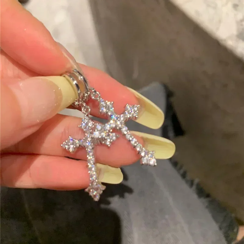 Y2K Gothic Rhinestone Cross Earrings Kpop Shiny Zircon Cross Drop Earring for Women Grunge Egirl Earrings Jewelry Accessories