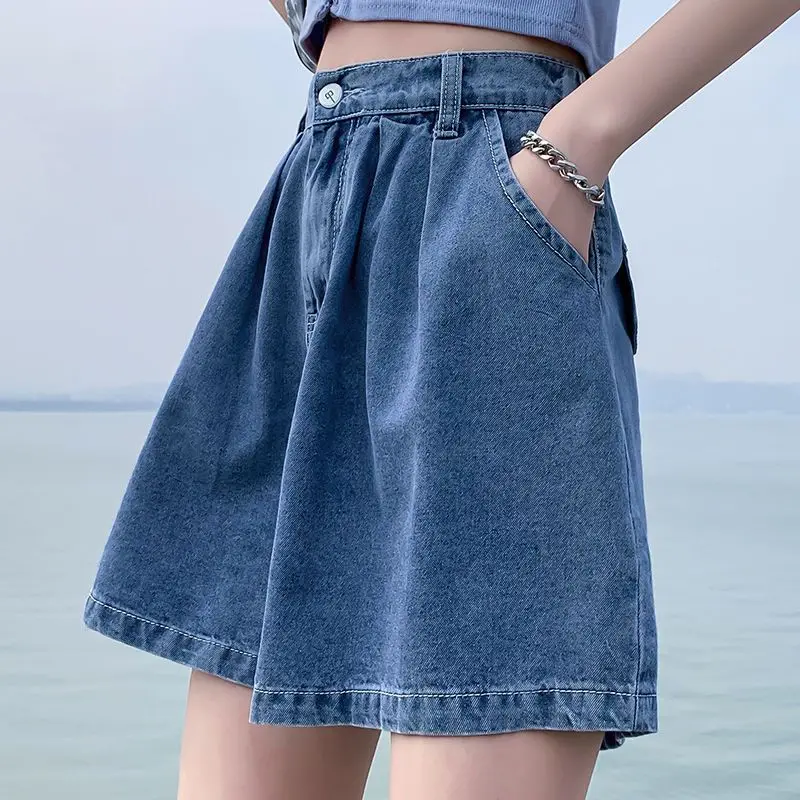 Denim Shorts Dames Zomer Koreaanse Mode Losse Wijde Pijpen Hoge Taille Stevige Knoop Losse A-Lijn Wijde Pijpen 2023 Blauw Nieuw