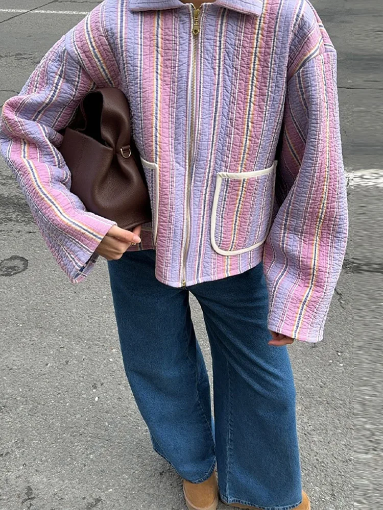 Colorful Striped Cotton Jacket Women Lapel Collar Full Sleeve Zipper Patch Pockets Coat 2025 Autumn Female Casual Streetwear