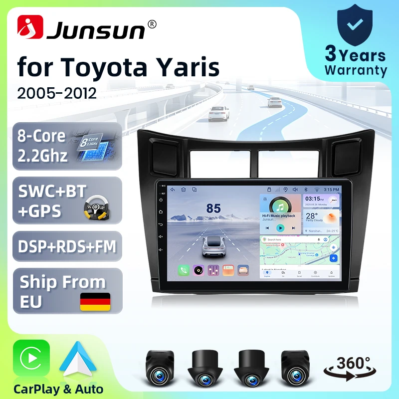 Systèmes stéréo intelligents Android 15 de 9 pouces Junsun pour Toyota Yaris Vizi 2005-2012, autoradio avec CarPlay sans fil, commande vocale AI, écran tactile IPS, lecteur multimédia intelligent, unité principale 2 Din, GPS, Mirror Link, Bluetooth automobile, 4G, FM, AM, DSP, RDS, SWC, DAB