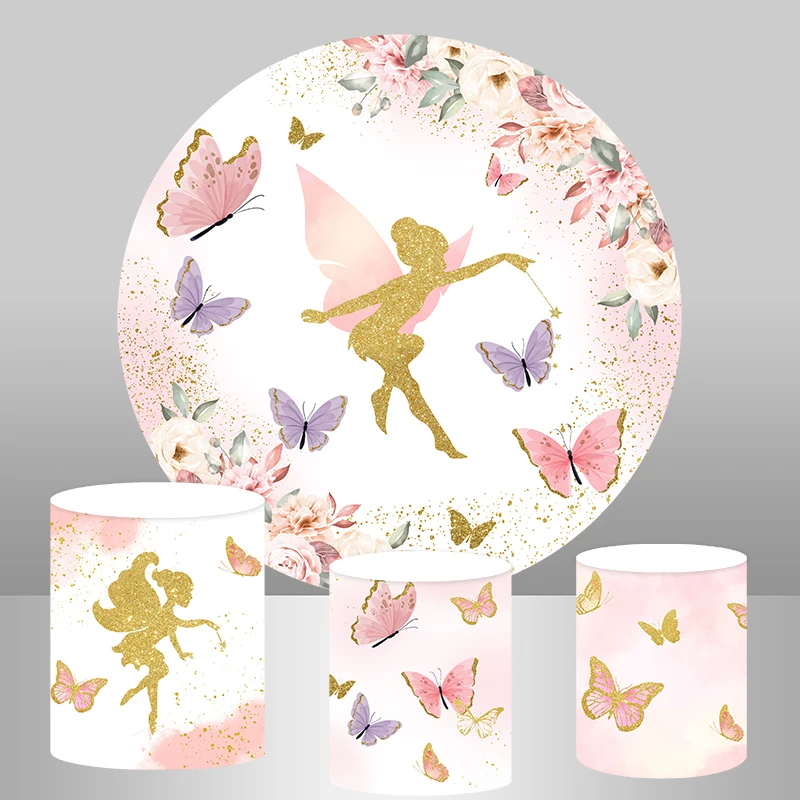 

Floral Fairy Birthday Party Round Backdrop Cover Pink Gold Butterfly Tea Flower Wonderland Princess Girl Baby Shower Background