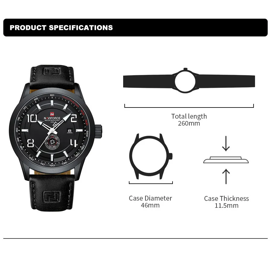 NAVIFORCE Original Men\'s Watches Simple Fashion Waterproof PU Strap Luminous Date Week Male Quartz Wristwatch Relogio Masculino