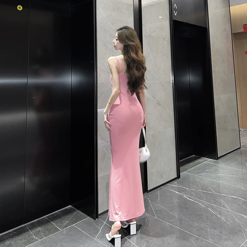 Pink slip dress women's summer slim hip show long dress hot girl sexy fishtail skirt korean style evening sleeveless vest dress