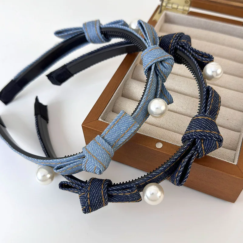 Retro Denim Blue Color Bow Pearl Headband Girls Sweet Hair Bands For Woman Temperament Hair Hoop Female Fashion Hair Accessories
