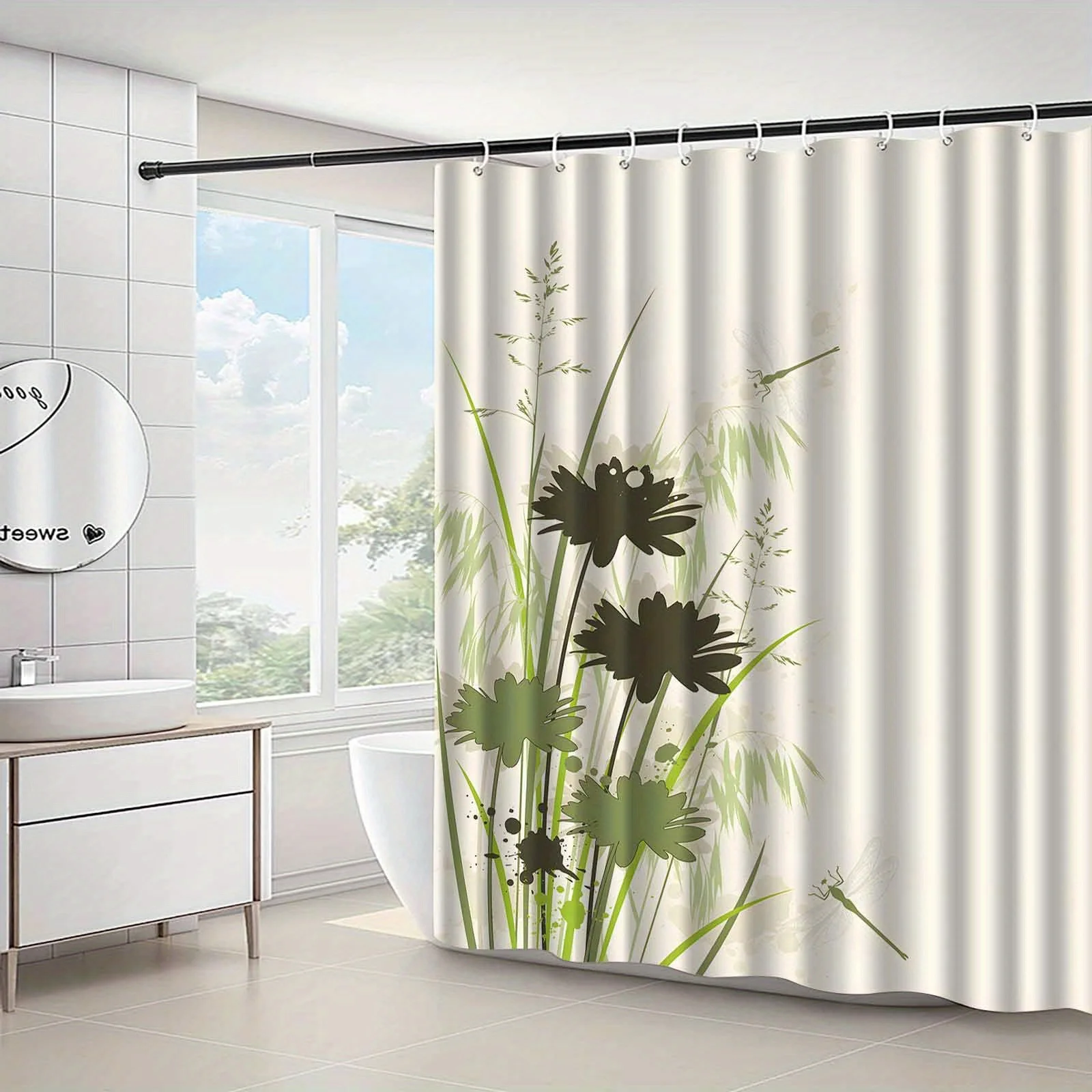 JIT1pcs Fresh and Simple Plant Dragonfly Pattern Shower Curtain, High-end Elegant Bathroom Curtain Shower Curtain, Shower Curtai
