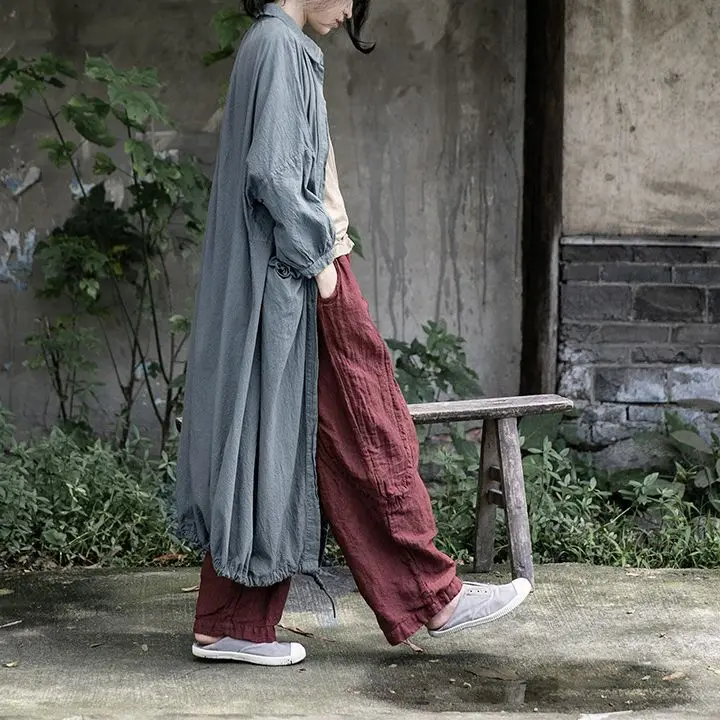 

Travel literary style long cardigan cotton and linen jacket lace-up petal pocket long trench coat fashion casual versatile simpl
