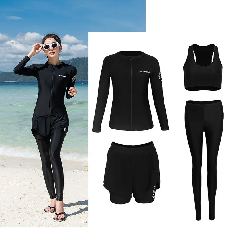 

Women's 4 pieces Rash Guards Long Sleeve Sun Protect Swimwear Shirt Boyshorts Bra Leggings, Quick Dry Swimsuit Surf Top & Bottom