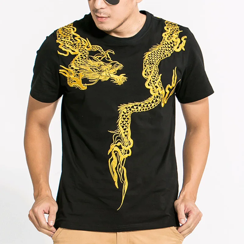 Golden Dragon Embroidery Men Cotton T-Shirt 2024 New Casual Summer Tops Short Sleeve Tee Shirts Black / White