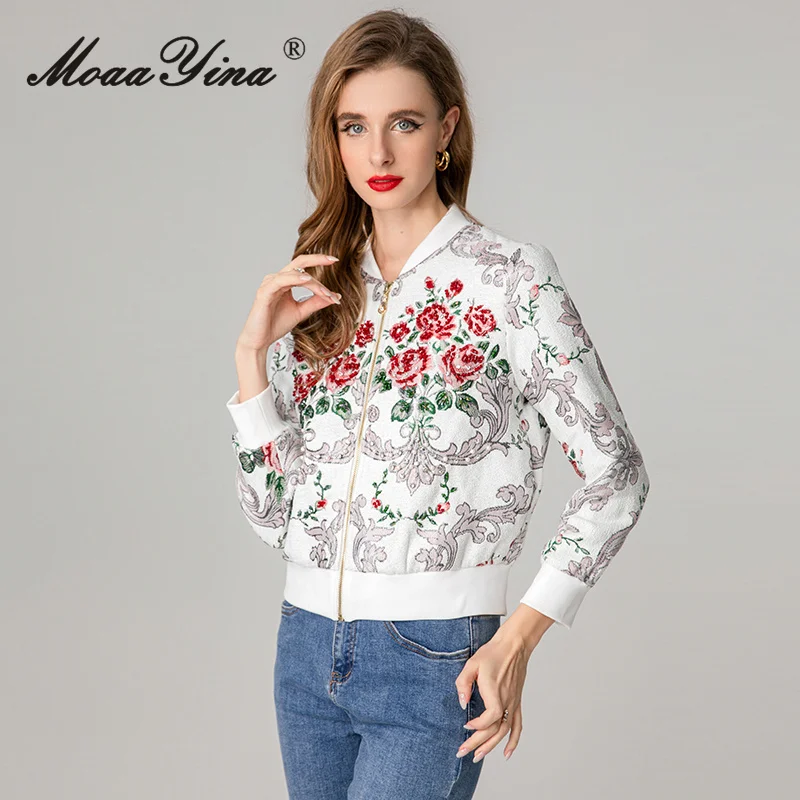 

MoaaYina Fashion Stand up Collar Long Sleeve Embroidered Jacquard Nail Bead Zipper Jacket 2025 Autumn Women's