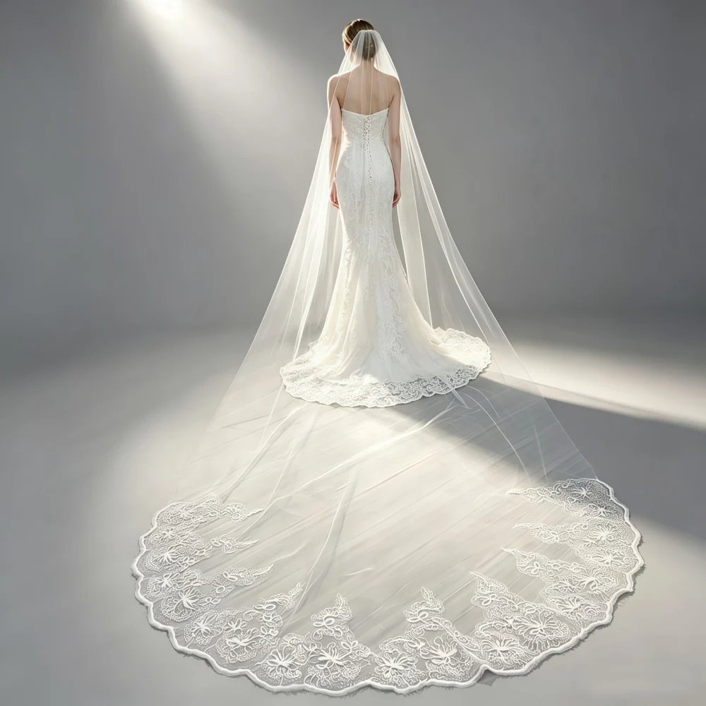 Bridal Veil Lace Trim With Sequins Tulle Cathedral Trailing Wedding Veil Long Veil Wedding Hair Accessories For Bride Photo Gala