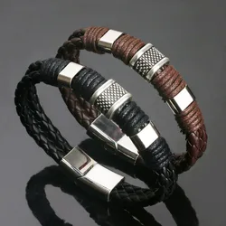 Vintage Genuine Leather Bracelet for Men Handmade Woven Bracelet Magnetic Clasp Wrap Bracelet Homme Hand Jewelry Accessories New