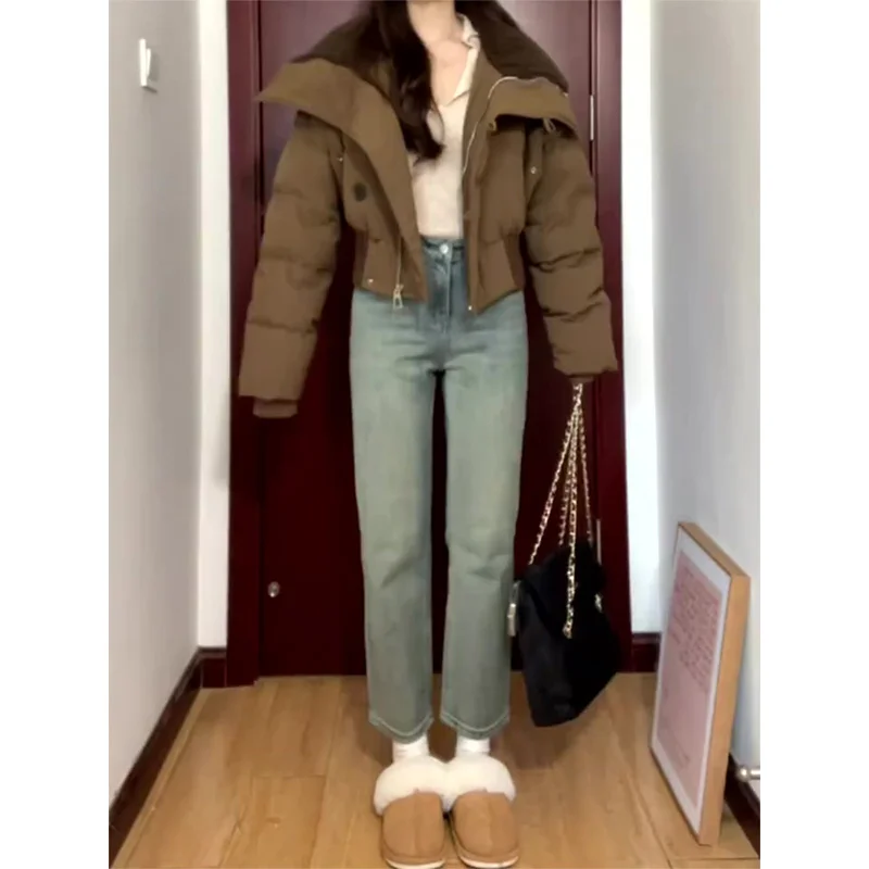 

High Waist Straight Leg Mud Dye Nine-Tenths Jeans Women's Slimming Vintage Light-Colored Eight-Tenths Smoked French Bread Pan...