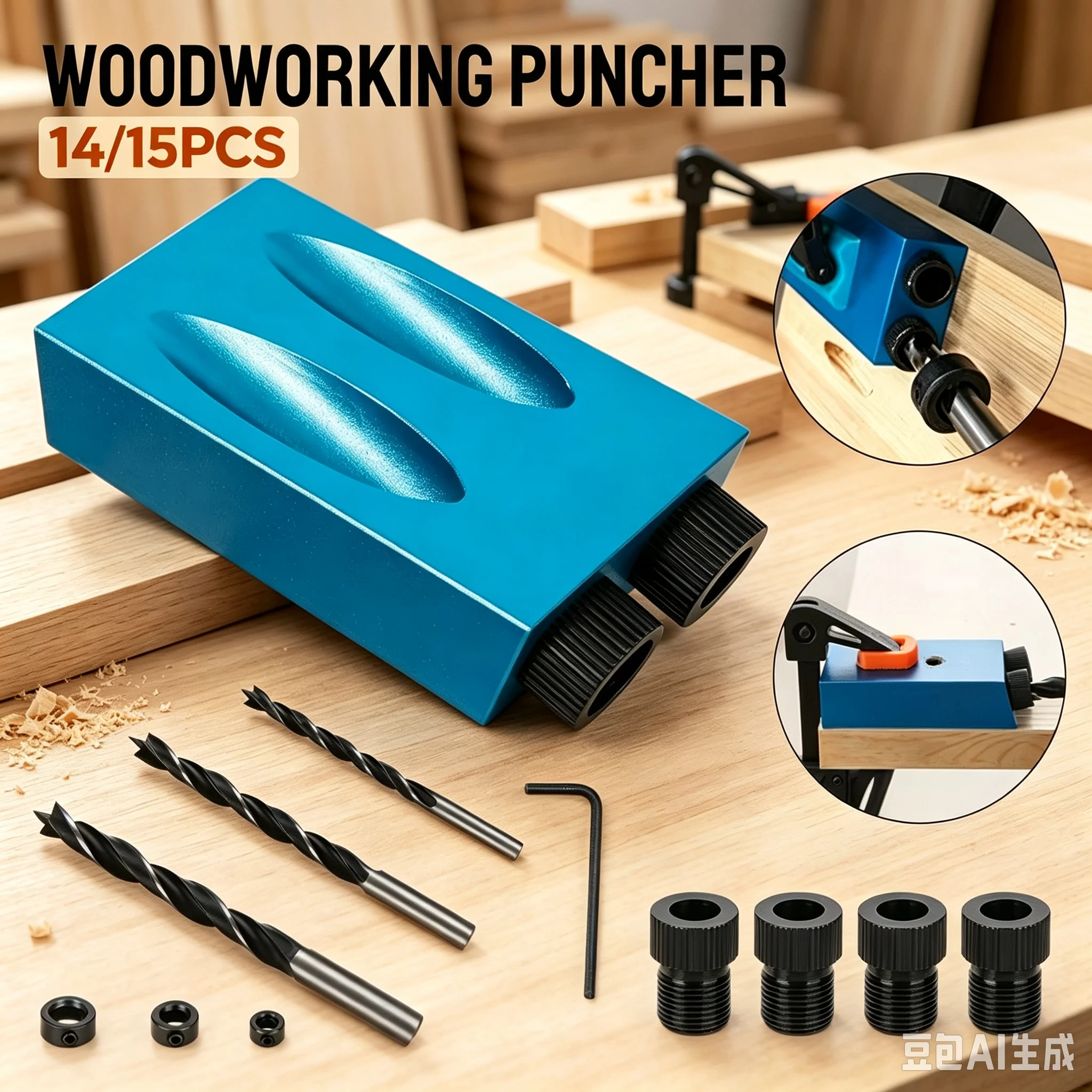 14/15Pcs 15 Degrees Pocket Hole Jig Kit Woodworking Hole Drilling Guide Locator Hole Puncher With Drill Bit Set