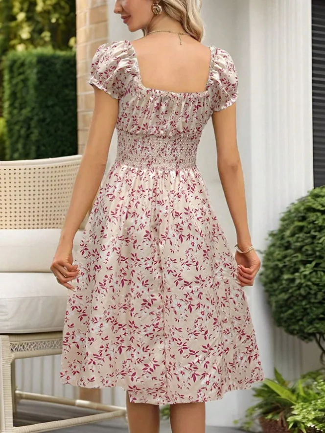2026 Women's Floral Dress, French Retro Puff Sleeves, V-Neck, Cinched Waist, Slimming A-Line Skirt, Summer New Collection
