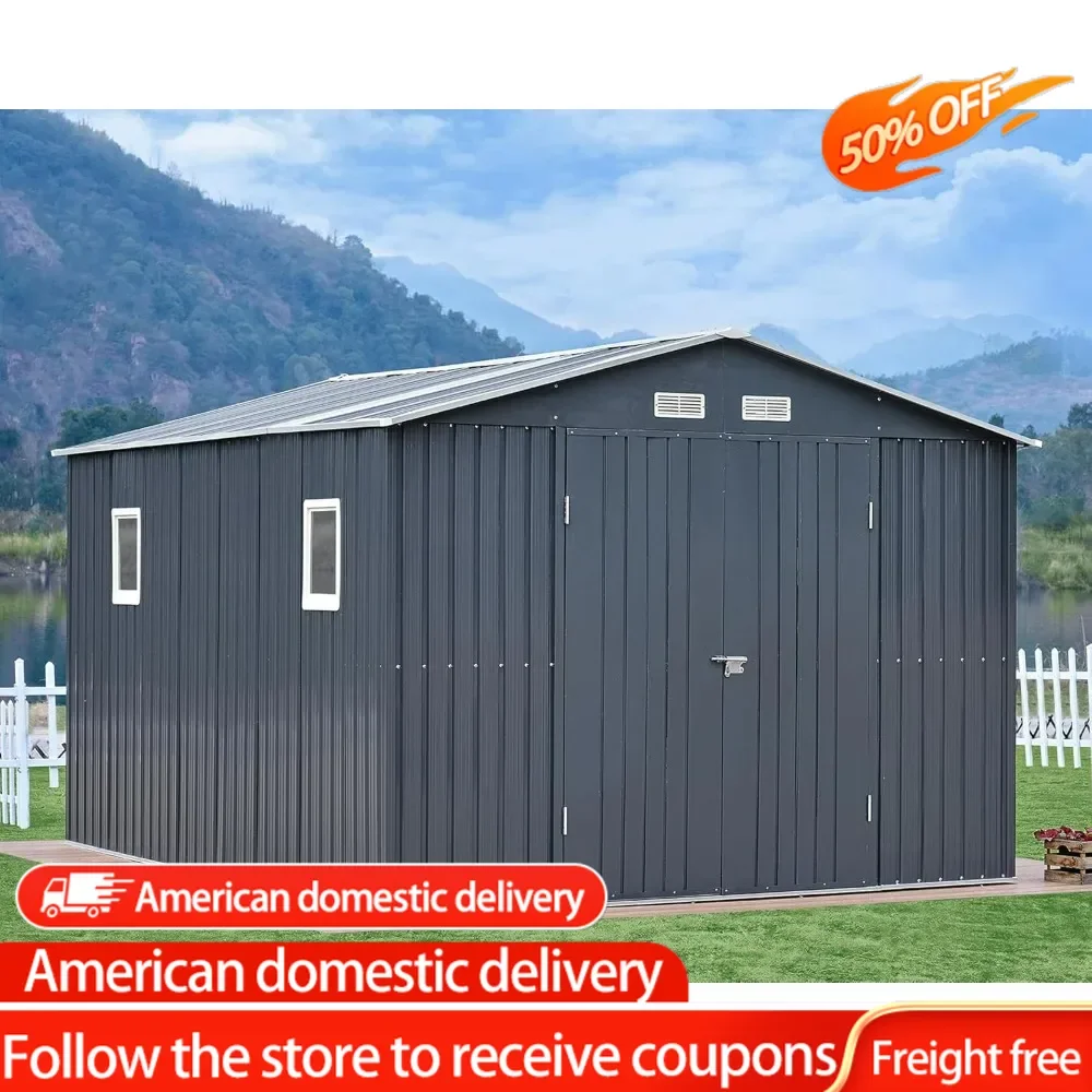 

10x12x7.5 FT Outdoor Storage Shed, Metal shed with 2 Clear Panels Hinged Double Doors 4 Vents, Outdoor Shed for Backyard, Garden