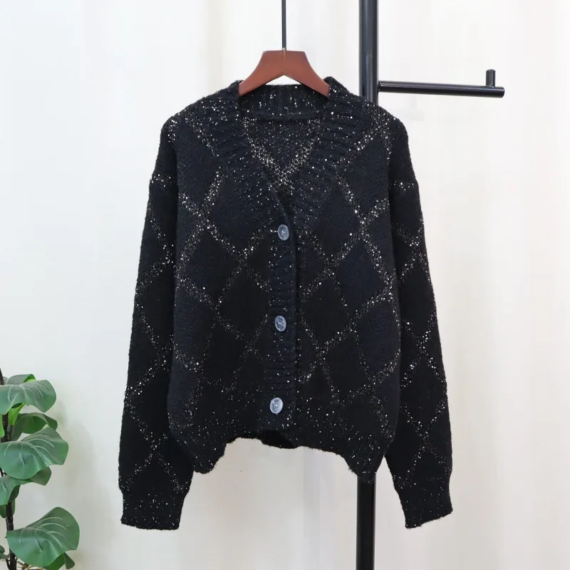 Neploe Vintage Argyle Sequin Knitted Cardigan 2024 Autumn Winter New V-neck Sweaters All-match Long Sleeve Tops Women