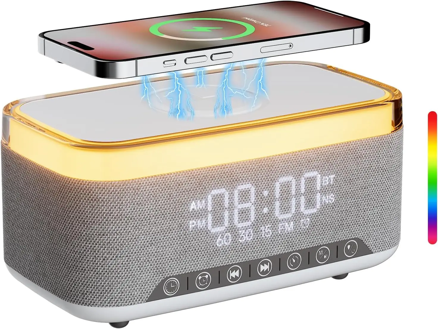 

Wireless Charging Alarm Clock with Bluetooth Speaker, FM Radio, Night Light & White Noise for Bedroom