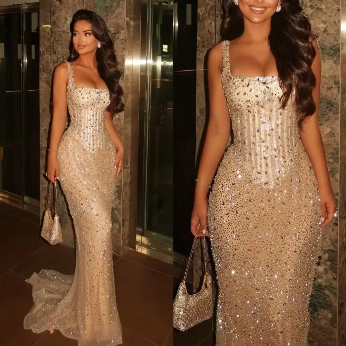 Shiny Sequins Wedding Dresses Crystal Mermaid Bridal Gowns Spaghetti Straps Sleeveless Slim Fit Customized Vestidos De Novia