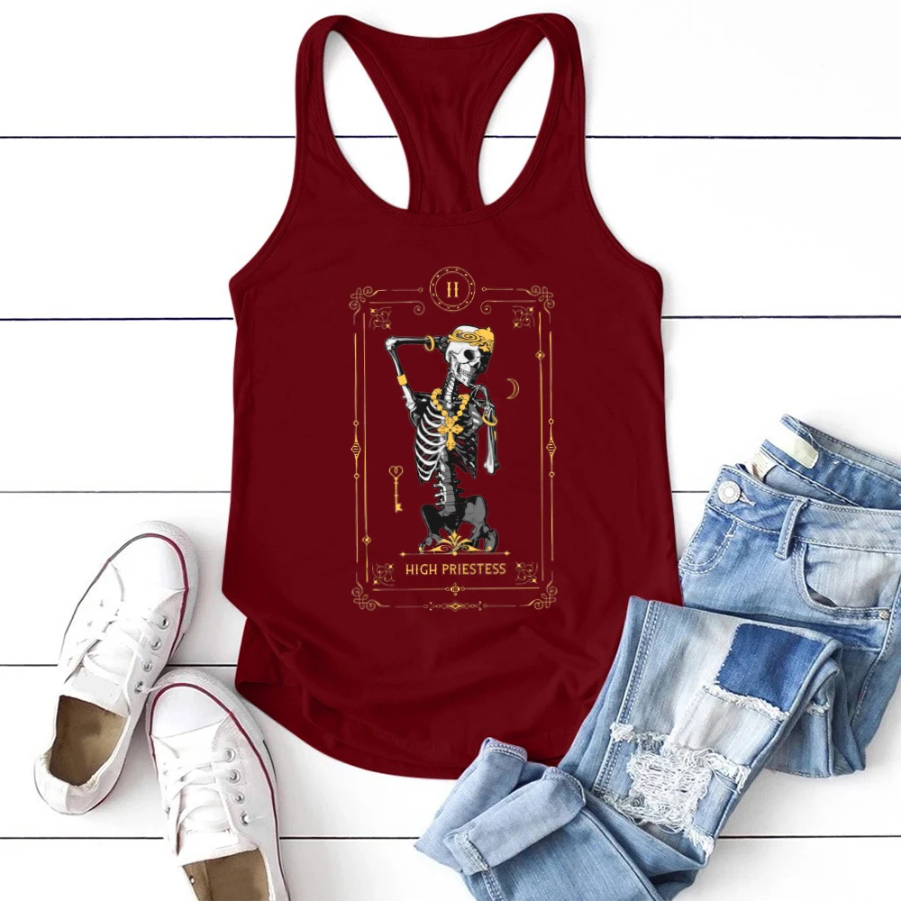 Seeyoushy Vintage High Priestess Skeleton Skull Print Funny Women Tank Tops Sleeveless O-eck Loose Tank Top Vest Ropa Aesthetic