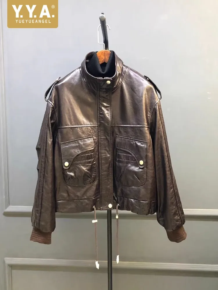 Vintage Women Loose Fit Casual Stand Collar Bomber Jacket Autumn Sheepskin Genuine Leather Jacket Motorcycle Biker Outwear Coat