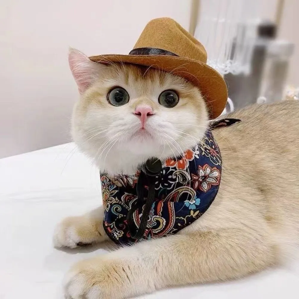 

Cute Pet Western Cowboy Hat Set Breathable Comfortable Cats Triangle Scarf Adjustable Cosplay Cap Bandana Photo Shoots
